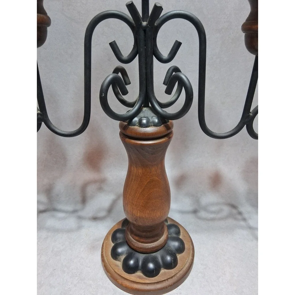 VTG Homco 5 Arm Metal Wood Candelabra With Teal Glass Votive Cups